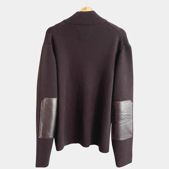 Cole Haan Mens Chocolate Brown Wool Cardigan Sweater XL Full Zip Leather Trim - Picture 3 of 10